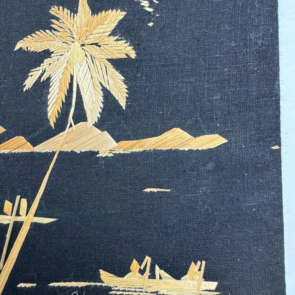 Vintage Wall Art Asian Scene Straw on Black Velvet Handmade